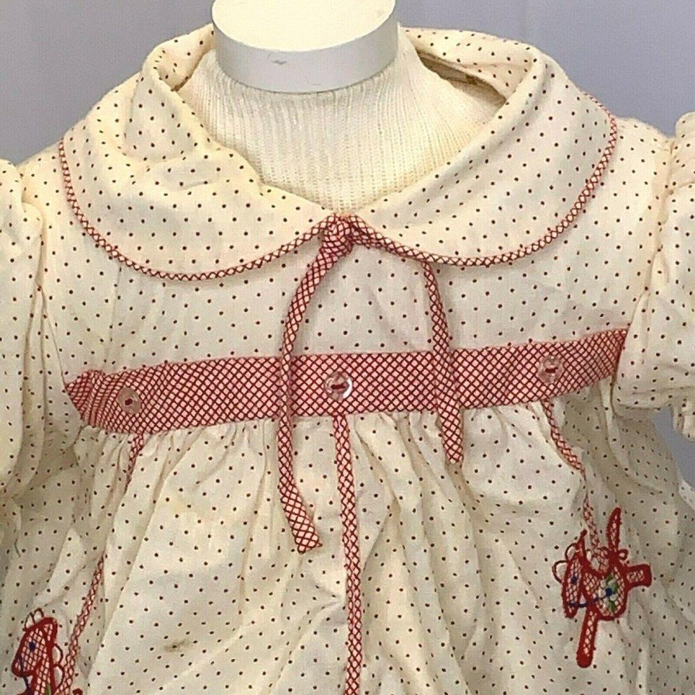 Vintage Infant Babydoll Dress 0-3m Polka Dots Embroidered Horses Collar Buttons - Picture 2 of 5